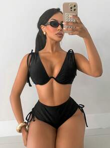 Swim SXY 2pcs Women Knitted Solid Color Black Thick Strap Push Up Bikini Top And High Waisted Drawstring Swimwear Bottom