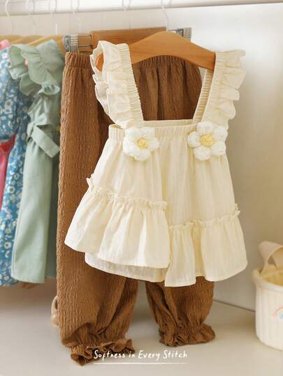 Cozy Pixies 2pcs/Set Young Girl 3D Flower Applique Camisole And Elastic Waist Tapered Leg Pants