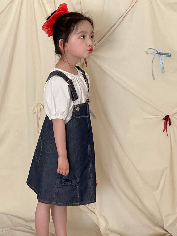 2pcs/Set Young Girls Round Neck Woven Shirt + Denim Bib Skirt Dress, Summer Outfit