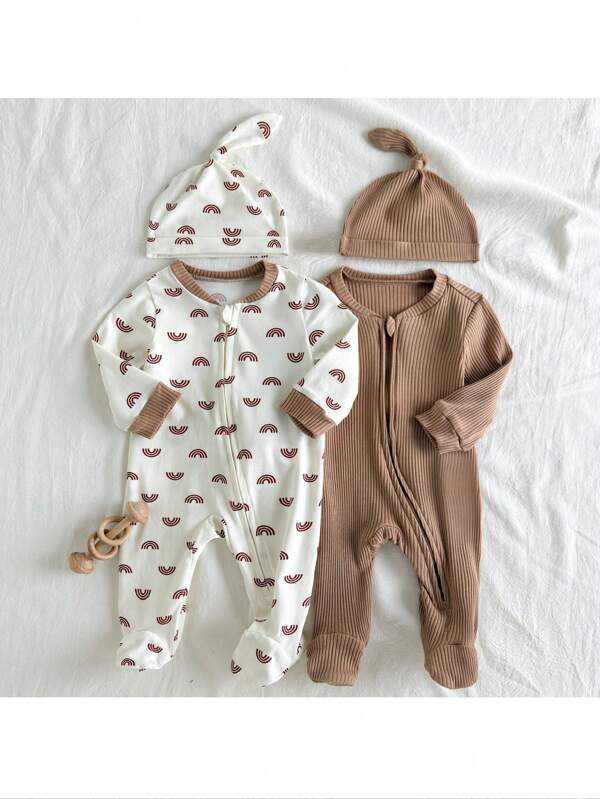Loomiva Newborn Baby Girl Soft Knitted Round Neck Long Sleeve Jumpsuit 3-Piece Set