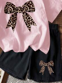 SHEIN Leap Crew 2pcs/Set Tween Girl Casual Simple Short Sleeve T-Shirt And Shorts Set, Suitable For Summer - Pink - View 3