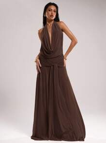 SHEIN BAE 女式纯色露背垂坠领连衣裙 - 棕色 - 查看 4