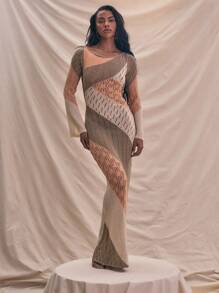 MUSERA Knit Crochet Panel Long Sleeve Open Back Fitted Maxi Dress Spring Summer Holiday - Multicolor - View 1