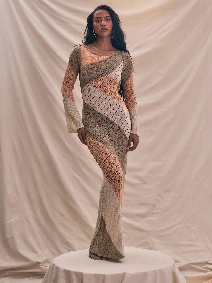 MUSERA Knit Crochet Panel Long Sleeve Open Back Fitted Maxi Dress Spring Summer Holiday - Multicolor - View 1