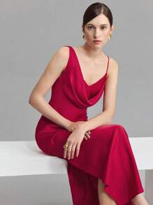 Ontre 2025 New Women Wedding Guest Dress, Asymmetric Neckline Single Slit Elegant Dress, Red Taffeta Fabric, Spring/Summer - Red - View 2