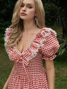 SHEIN X Hannahelzahed SHEIN MOD Váy xếp ly tay bồng họa tiết kẻ caro - Nhiều màu - Xem 5