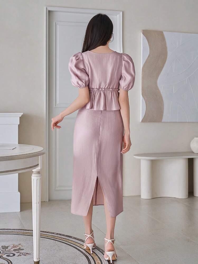 Women's Solid Color Square Collar Puff Sleeve Blouse And A-Line Skirt 2 Pieces Set,Ruffle