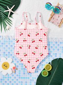 SHEIN LMoss Kids Young Girls' Casual Cherry Print One-Piece Swimsuit, Summer - Multicolor - View 2