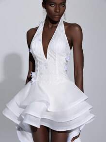 Elitara Elegant White Sequins Embroidered 3D Flower Deep V-Neck Sleeveless Ruffled Hem Maxi Dress, Suitable For Wedding, Bride, Bridal Shower Gown