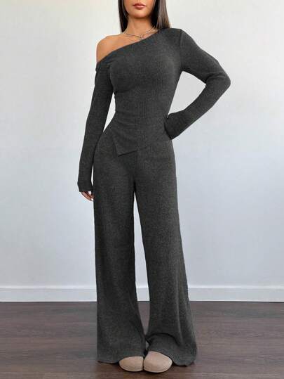 Flirla Women Cozy Asymmetrical Shoulder Tee + High Waist Wide Leg Pants 2pcs Casual Home Outfit Set, Winter Fall Cloth For Women