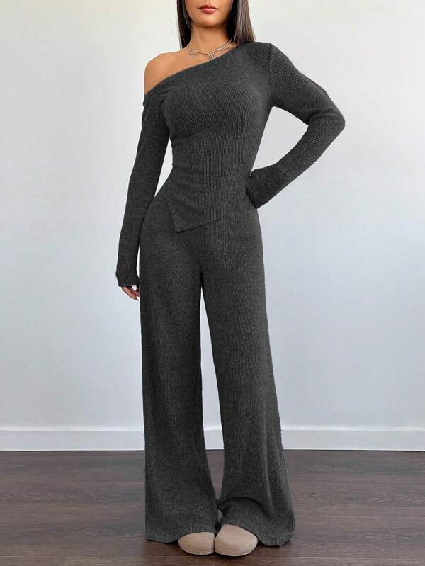 FavEase Women Cozy Asymmetrical Shoulder Tee + High Waist Wide Leg Pants 2pcs Casual Home Outfit Set, Winter Fall Cloth For Women