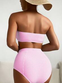 Slaydiva Women's Summer Beach Striped Ruffled Bandeau Sexy Bikini Swimwear Set - Hot Pink - View 2