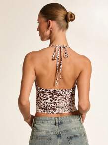 Glamine Top canotta attillato con collo ad aletta a stampa leopardata per donna