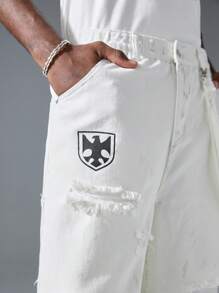 NEON BLANC 男士街头风格白色字母印花 3/4 长休闲牛仔裤 - 米色 - 查看 5