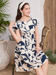 SHEIN TEENGIRL Casual Geometric Print Short Sleeve Waisted A-Line Round Neck Dress, Suitable For Daily Wear And Vacation, Spring/Summer