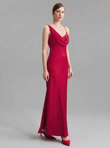 Ontre 2025 New Women Wedding Guest Dress, Asymmetric Neckline Single Slit Elegant Dress, Red Taffeta Fabric, Spring/Summer - Red - View 7