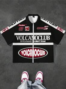 SHEIN Tween Boy 休闲字母图案翻领拉链短袖衬衫、音乐会上衣 - 彩色 - 查看 2