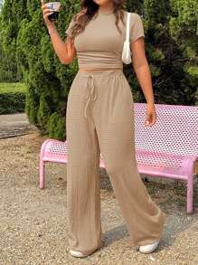 SHEIN EZwear Plus Size Gestructureerde Gebreide Top en Trekkoordbroek 2-delige Set, Casual