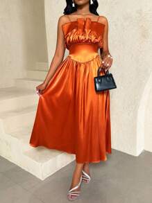 BamGleam Women Elegant Solid Color Waist-Cinched Slip Dress - Burnt Orange - View 3