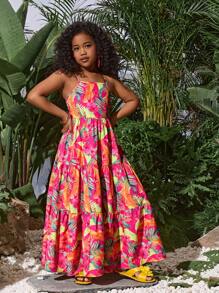 SLAYR Tween Girl Tropical Floral Green Leaf Beach Vacation Patchwork Sleeveless Backless Bow Maxi Dress Mommy And Me Matching Outfits - Hot Pink - View 8