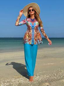 Swim Mulvari Women's Elegant Resort Beach Positioning Print Round Neck Long Sleeve Swimsuit And Solid Color Long Pants Swimsuit Set - Multicolor - View 4