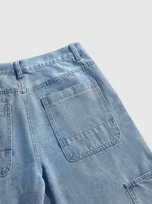 ROMWE MEN Men's Front Button Pocket Raw Hem Casual Simple Denim Shorts - Blue - View 9