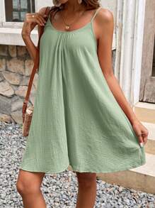 SHEIN Frenchy Women's Casual Solid Color Textured Spaghetti Strap Summer Holiday Style Dress, Tea Party Dress,Bohemia