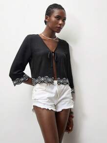 Lumivelle Women's Tie Collar Short Sleeve Lace Solid Blouse, Bohemian Style, Everyday, Vacation, Ruffle