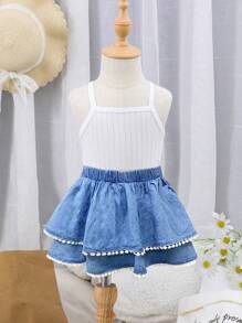 SHEIN 女婴Y2K极简时尚休闲日常白色珍珠荷叶边蓝色牛仔荷叶边层叠半身裙，儿童春夏休闲度假乡村波西米亚风服装，复活节海滩女童装，春假 - 淺色水洗藍 - 查看 1