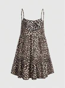 SHEIN EZwear Cute Holiday Leopard Print Backless Leopard Print Doll Mini Dress