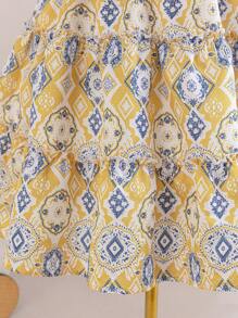 Tween Girls Elegant Geometric Retro Print Ruched Ruffle Hem Dress, Vacation, Gorgeous Palace Style, Gold Retro Print - Khaki - View 4