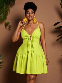 Maweii Plus Size Women Elegant Vacation Style Solid Color V-Neck Tie Waist Asymmetrical Ruched A-Line Mini Dress, Spring/Summer - Yellow - View 6