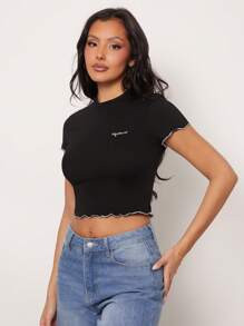 SHEIN Unity Top Aquarius Embroidered Astrology Star Sign Everyday Casual Streetwear Lettuce Hem Birthday Gift Cotton Thanksgiving Christmas NYE New Years Eve Outfits For Women T Shirt - Black - View 5