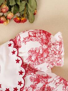 Souflis Souflis 女宝宝中国风复古水墨天使红泡泡袖花卉刺绣前开襟轻松穿着夏季多巴胺优雅连衣裙 - 彩色 - 查看 5