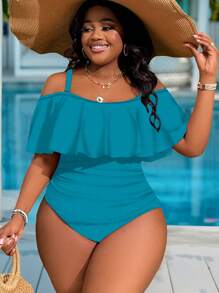 Slaydiva Traje de baño de una pieza con hombros descubiertos y volantes de unicolor para mujer de talla grande - Azul menta - Ver 5