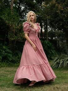 SHEIN X Hannahelzahed SHEIN MOD Váy xếp ly tay bồng họa tiết kẻ caro - Nhiều màu - Xem 6