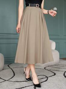 DAZY 女士纯色百褶A字优雅通勤半身裙，秋冬女装半身裙 - 卡其色 - 查看 1