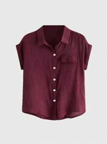ROMWE Plus Size Plain Short Sleeve Shirt, Fashionable For Summer - Red - View 1
