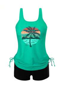 Swim Lushoire 2pcs Palm Tree Print Modest Tankini Two Pieces Swimwear Set For Women For Summer Beach Vacation - Mint Green - View 4