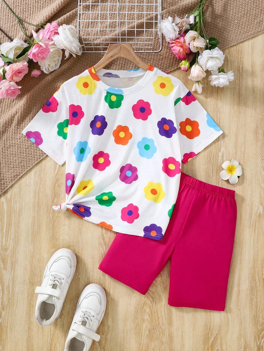Set de 2 piezas de camiseta de manga corta con cuello redondo y estampado de flores y leggings casuales para niñas, versátil para uso diario y vacaciones de verano - Multicolor - Ver 1