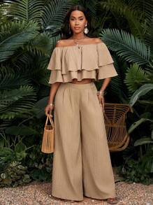 SHEIN Lady Women's Vacation Casual Solid Color Off-Shoulder Ruffled Hem Crop Top & Wide Leg Pants 2 Pieces Set Vacation Outfits Women Resort Wear Vacation Outfits Woman Sets Resort Wear For Women Women Outfit Sets Summer Women Summer Clothes Women Two Pieces Outfits Boho/Bohemia/Boho Women's Clothing; African Woman Clothing New Arrivals Women Dress Beach Dress - Khaki - View 6
