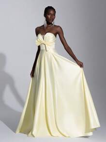 Elitara 优雅奢华缎面手工超大蝴蝶结 V 领性感开衩褶皱超喇叭下摆女士晚会正式礼服