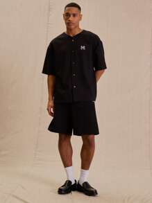 Musero Button Through "M" Graphic Print Baseball Jersey Shirt - Black - View 5