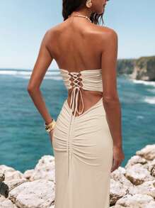 Opulessa Summer Vacation Outfits Woman Beach Bohemian Boho Festival Wedding Party Elegant Sexy Formal Bridesmaid Birthday 1pc Women's Solid Color Knitted Backless Tie-Up Bodycon Dress,Mermaid Mermaid Dress For Wedding Guest, Prom Outfits - Apricot - View 3