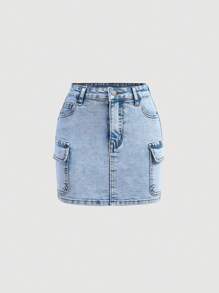 SHEIN Girlism 青少年女孩 Y2K 夏季时尚两件套露肩牛仔短款上衣和翻盖口袋牛仔迷你工装裙套装，女孩夏季早午餐毕业装，度假海滩休闲装，青少年女孩，乡村音乐会装/狂欢节街头装 - 淺色水洗藍 - 查看 7