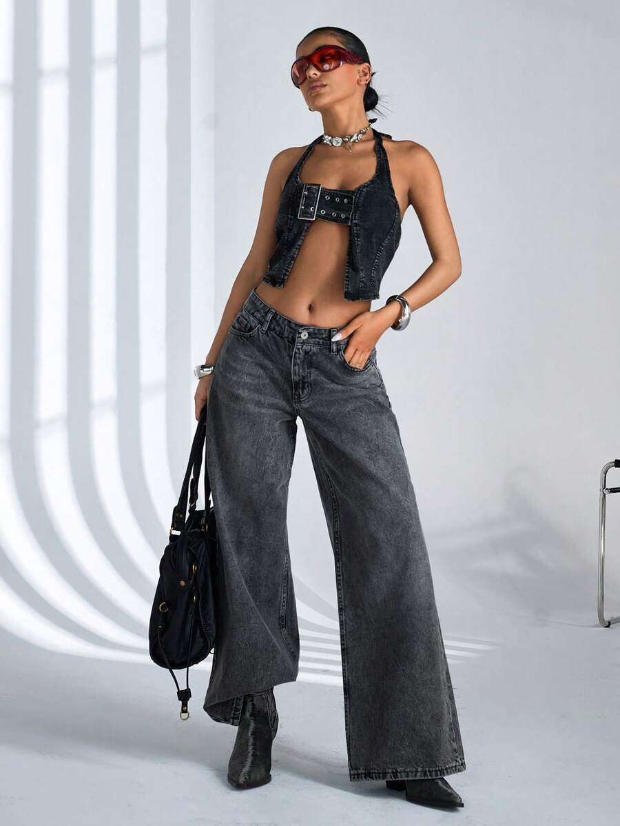 SHEIN Cottnline 100% Cotton WOMEN LOW RISE WIDELEG FIT DARK GREY Y2K STYLE BAGGY JEANS - Grey - View 1
