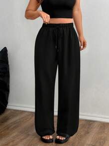 SHEIN LUNE Pantalones largos informales minimalistas de diseño arrugado para mujer de talla grande