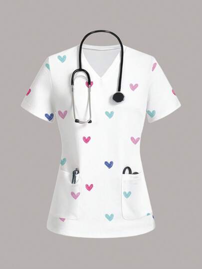 SHEIN Essnce Women's Casual Heart Design /Care Worker Scrub Uniform Top For Summer