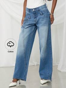 NYA SZN 春季双腰带细节中度水洗直筒牛仔裤节日夏季度假办公室西服学院风休闲装女士 - 中等水洗藍 - 查看 3