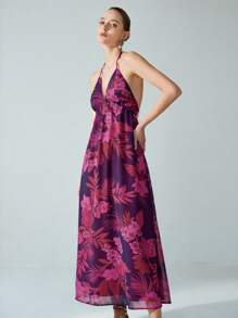 SHEIN Privé Island Coconut Tree Chiffon Print Sleeveless V-Neck Dress, Summer - Multicolor - View 2